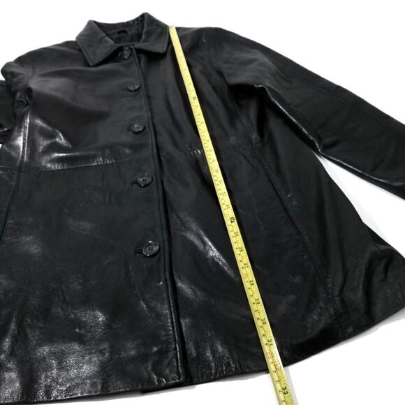 Vintage 90s Black Long Button Down Genuine Leather Dad Coat Jacket Minimal Large - Picture 4 of 8